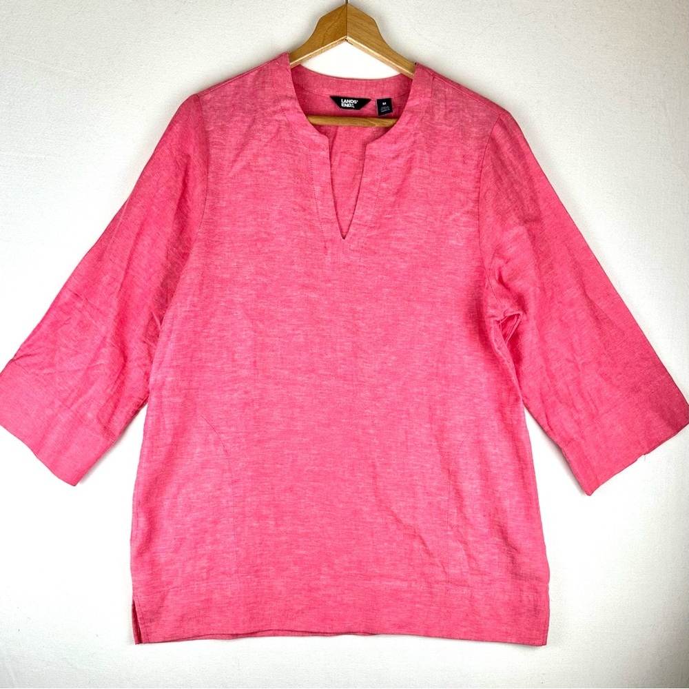Lands End Split Neck 3/4 Sleeve Tunic Linen‎ Blend Shirt Resort Beach